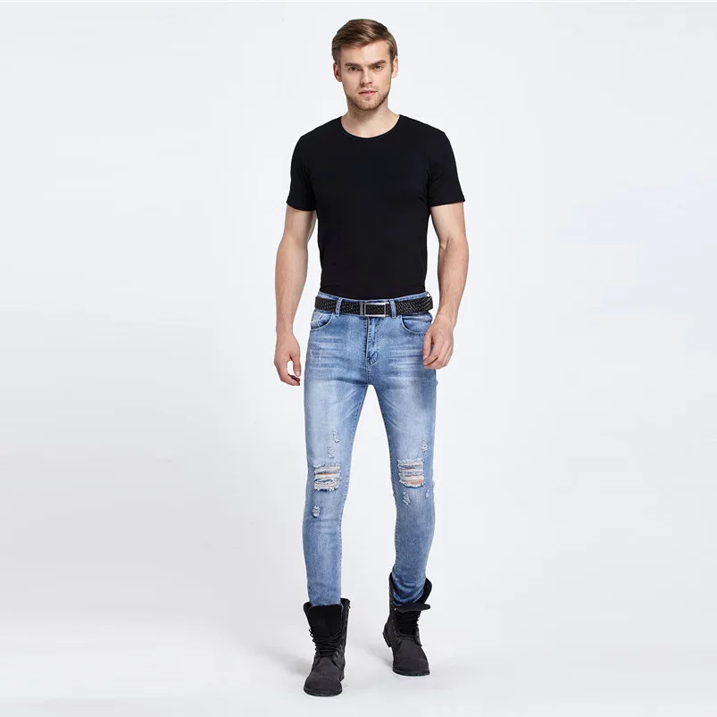 Новые модные рваные джинсы мужские лоскутные рваные Keen Hole Slim Fit Брюки мужские повседневные джинсовые узкие брюки
