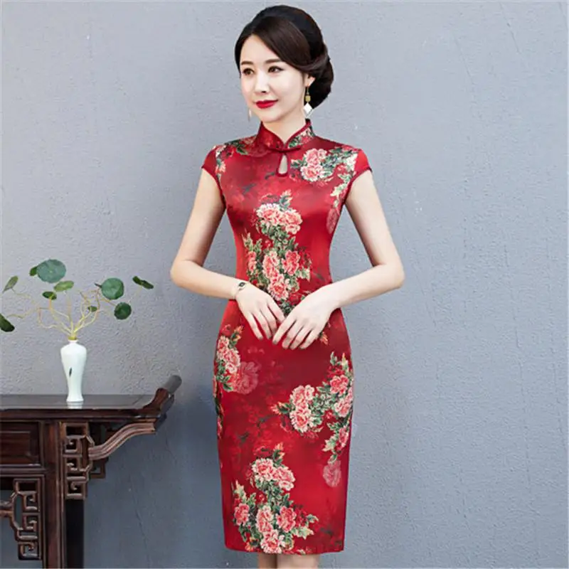 Старинный китайский традиционный Женский Qipao бордовый платье из атласа Новинка воротник стойка Чонсам оверсайз 3XL 4XL - Цвет: Burgundy Short2