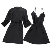 Женский пикантный Шелковый Атласный халат набор ночных рубашек кружевная пижама в стиле пэчворк Модный летний халат и ночная рубашка из двух частей слинг