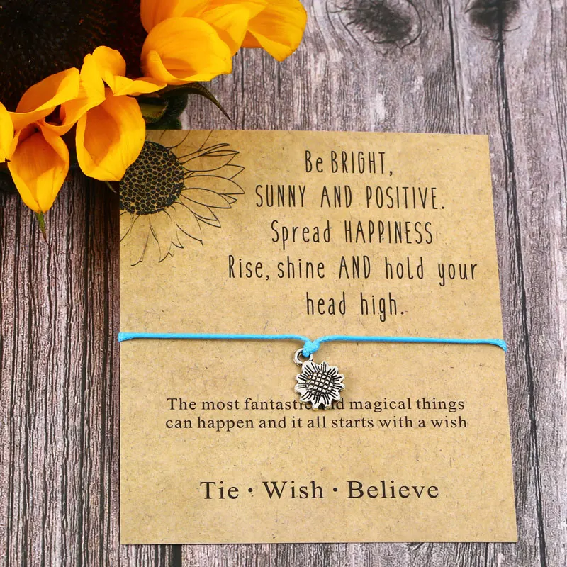 Blue Браслет Sunflower Wish на 1 мм вощеный хлопковый шнур цинковый сплав Подсолнечник Шарм положительные пожелания для женщин мужчин браслет дружбы - Окраска металла: Blue