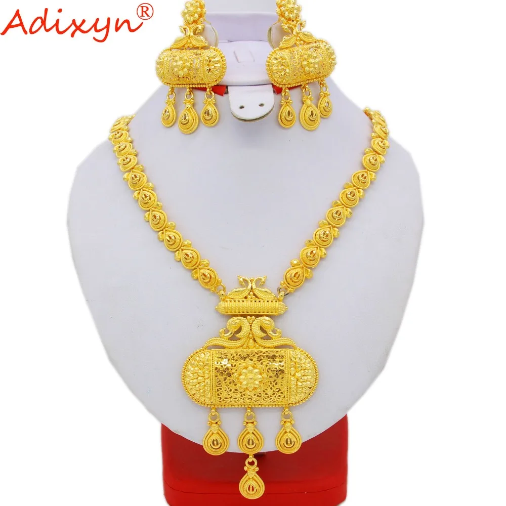 Adixyn Indian Dubai Jewelry Sets African Beads Jewelry Set For Women Gold Color Necklace/Earrings Wedding Bridal Jewelry N06086
