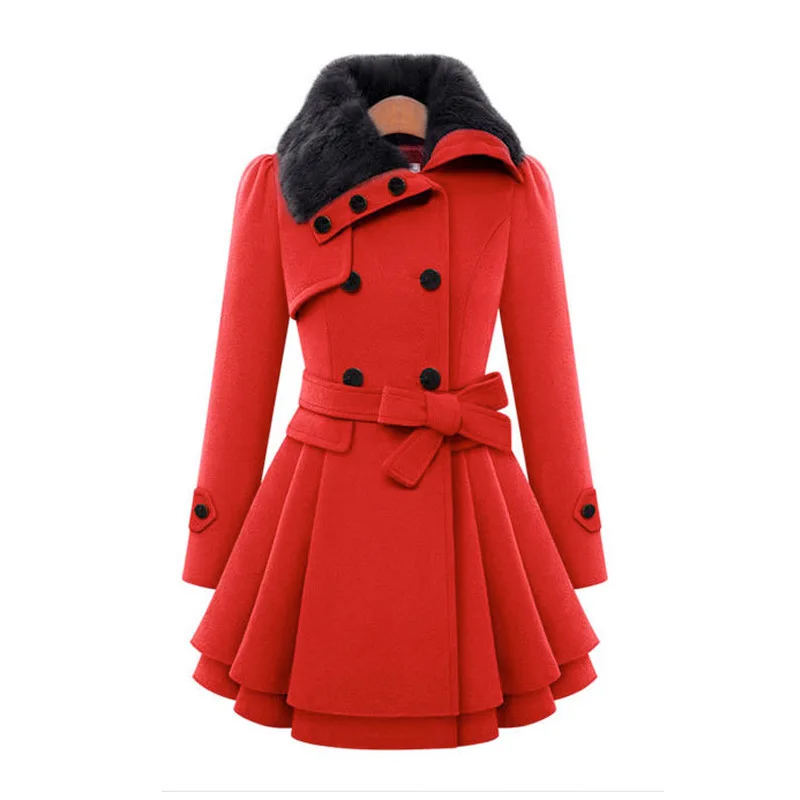 

Women Wool Blend Trench Overcoat Winter Turn-down Collar Long Sleeve Peacoat Double Breasted Slim Outwear Belted Plus Size YFX72