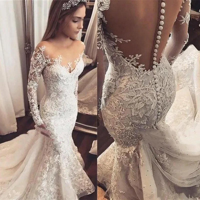 

vestido novia 2019 Sexy Mermaid Wedding Dress Long Sleeve White Lace Applique Bridal Wedding Gowns Open Back Bride Wedding Dress
