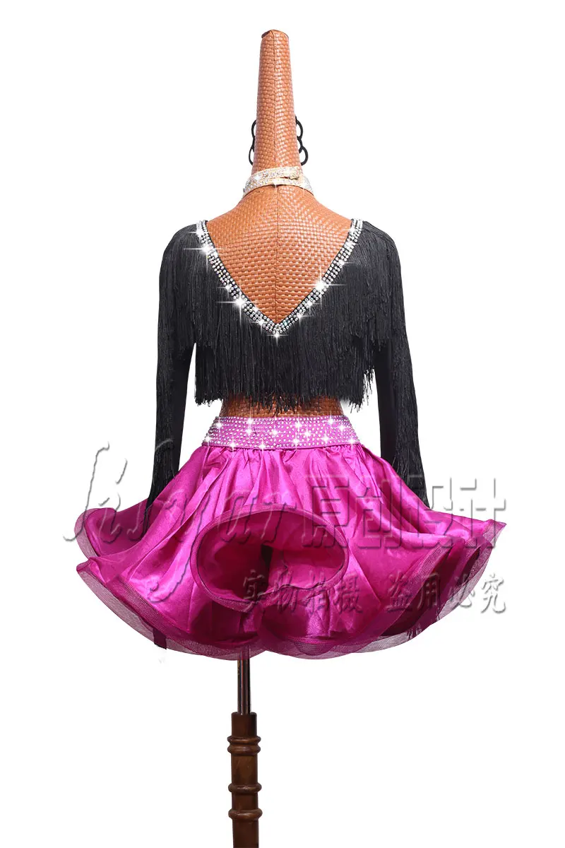 Блестящими Стразами Для женщин Латинской бальное платье костюм высококлассные пользовательский черный юбка для танцев с бахромой женские праздничные платья