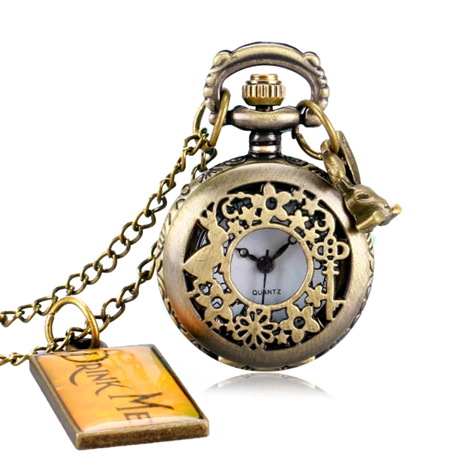 Retro Bronze Alice In Wonderland Drink Me Tag Women Rabbit Flower Pocket Watch Necklace Pendant Novelty Christmas Gifts Girl Boy 2017 2018 Men Women (6)