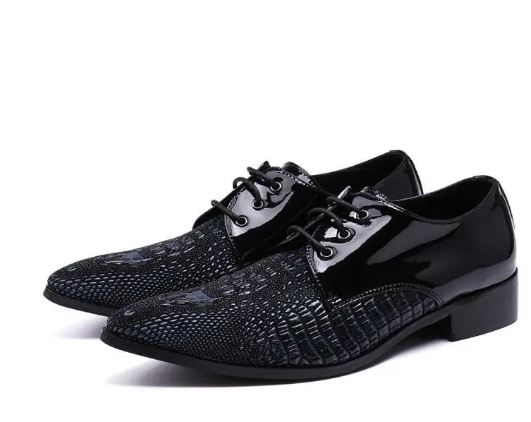 Lace-Up Med Heeled Men's Genuine Leather Dress Shoes Pointed-Toe Height Increasing Patchwork Stone Pattern Formal Brogue | Обувь