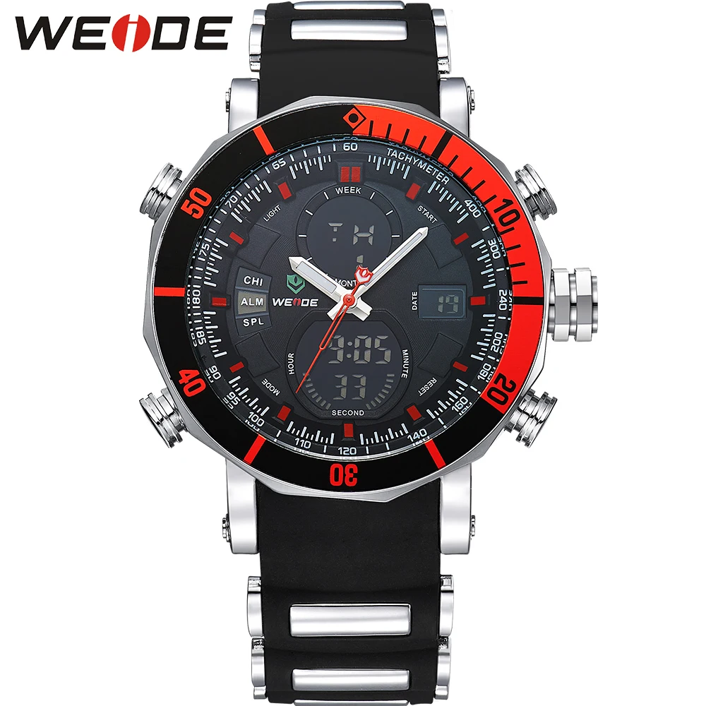 

WEIDE Unique Red Black Mens Digital Dual Time Watch Stainless Steel Back Big Dial 30M Waterproof LCD Wristwatches Sale Items