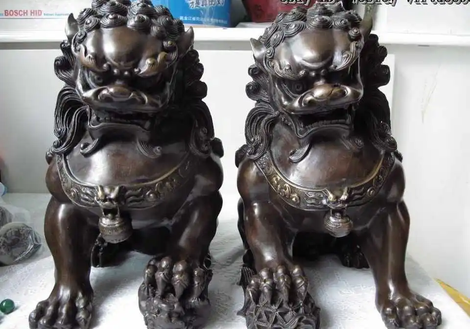 

China Palace Copper Bronze FengShui Evil Bei Jing Door Gate Fu Foo Dog Lion Pair