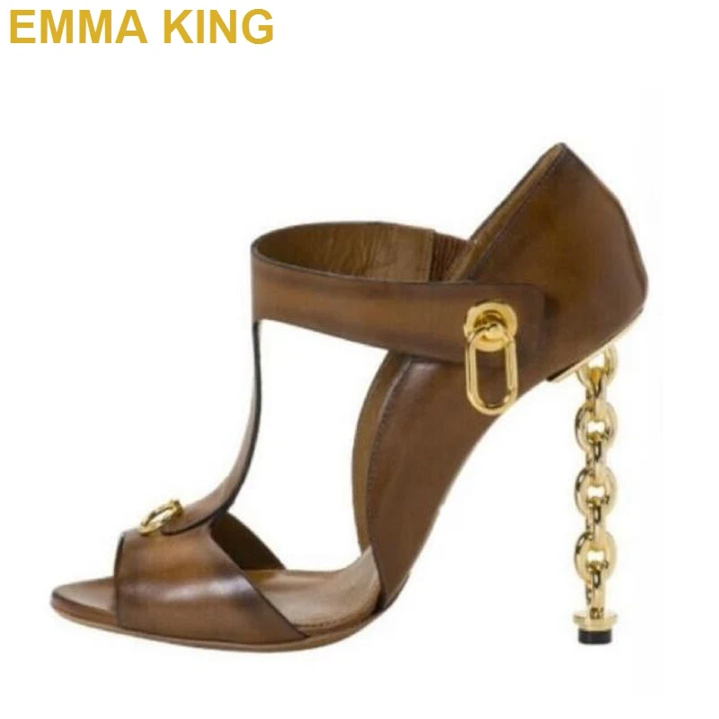 EMMA KING Fashion Runway Shoes Metal Chain High Heels Women Sandals Summer Shoes Peep Toe Ladies Prom Shoes Plus Size 35-43