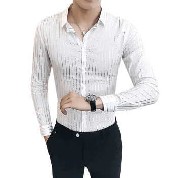 

Featured Mens Business Casual Long Sleeved Shirt Fashion Bronzing Striped Male high quality Social Party Club Dress Shirts