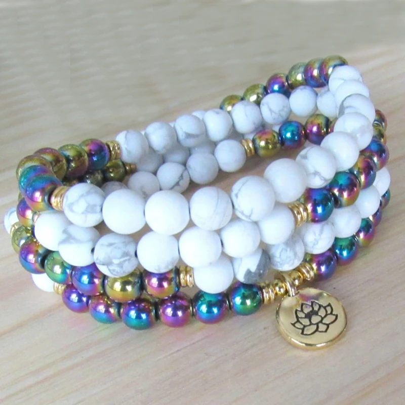 108 Mala браслет с матовым Howlite и гематитом белый матовый Лотос Ом Золотой лотос обернуть дождевой браслет или ожерелье