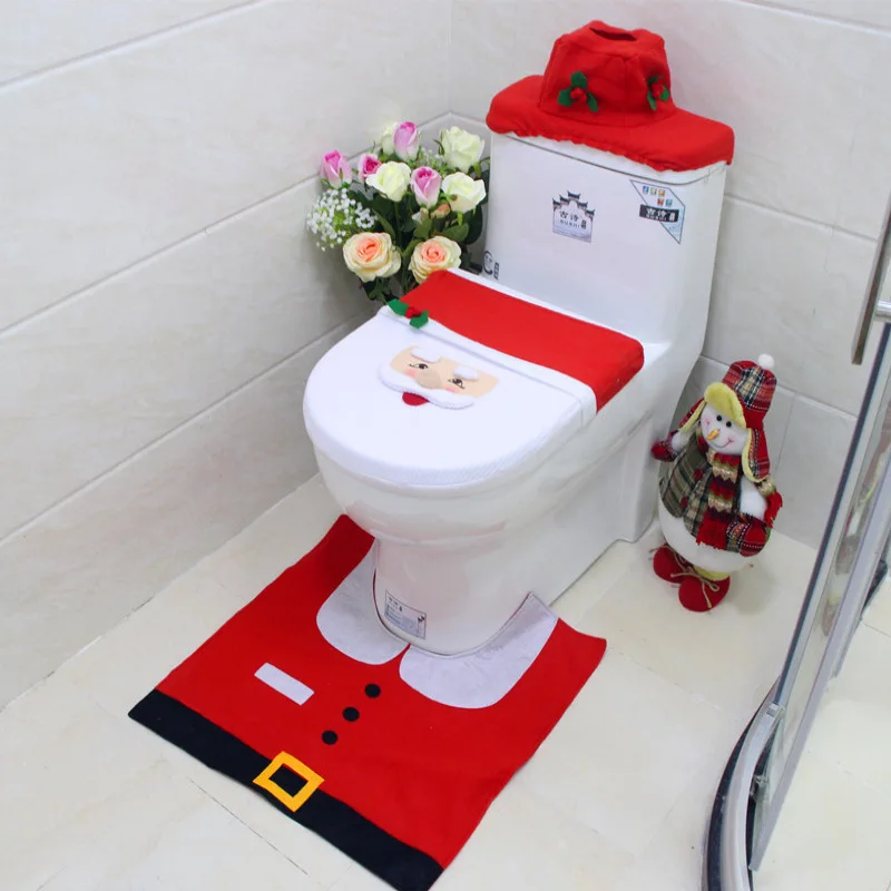 Toilet Christmas Decorations Happy Santa Toilet Seat Decor andToilet Rug Bathroom Accessory Santa Claus 1Set