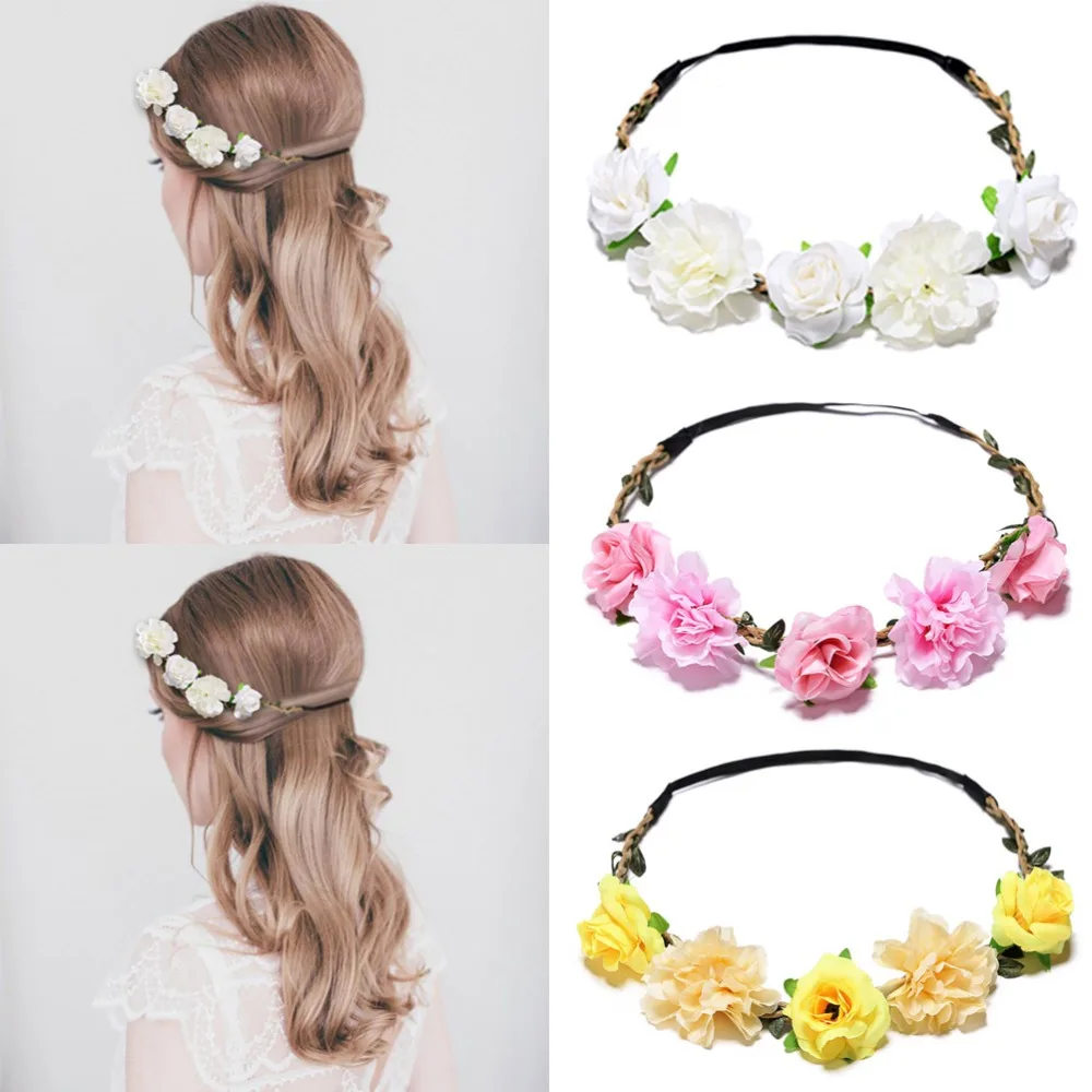 

Boho Floral Head Band Elastic Flower Headbands Korean Fashion Hair Accessories Travel Wedding Bridal Floral Hair Bands Garland