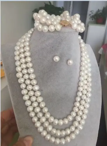 

Free Shipping >>>>8-9mm natural south seas white pearl necklace 18inch bracelet7.5-8inch earring