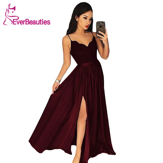 Buy Evening Dresses Long Spaghetti Strap Lace Satin