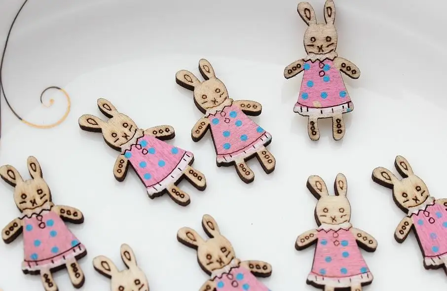 

250pcs Rabbit Pendant in Dress Wood Bunny Nursery Rhyme cabochon 32mm mix color