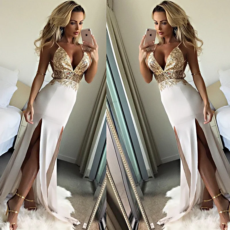 Kopen Zomer Elegante Cocktail Maxi Lange Party Jurken 2018 Sexy Backless Strap Spaghetti Diepe V hals Jurk Floor Lengte Sequin Vestido