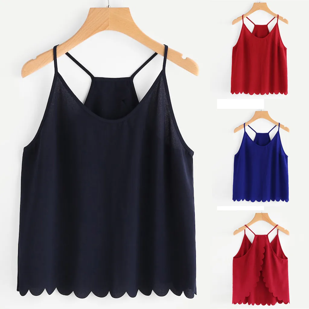 

Fashion Tank Top Women Casual Camis Sleeveless V-Neck Overlap Back Scallop Hem Crop Tops Debardeur Femme Casual Women Tank Top