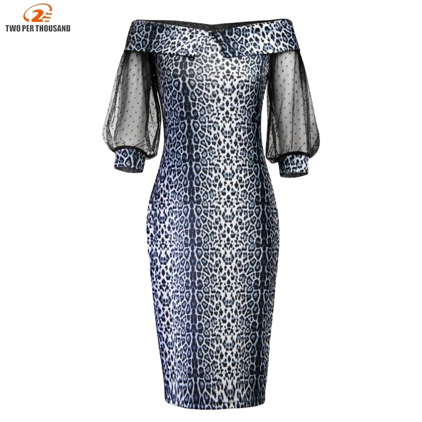 

Women Leopard Print Slash Neck Knee Length Dress Mesh Off The Shoulder Half Sleeve Retro Ladies Casual Chic Dresses Vestidos