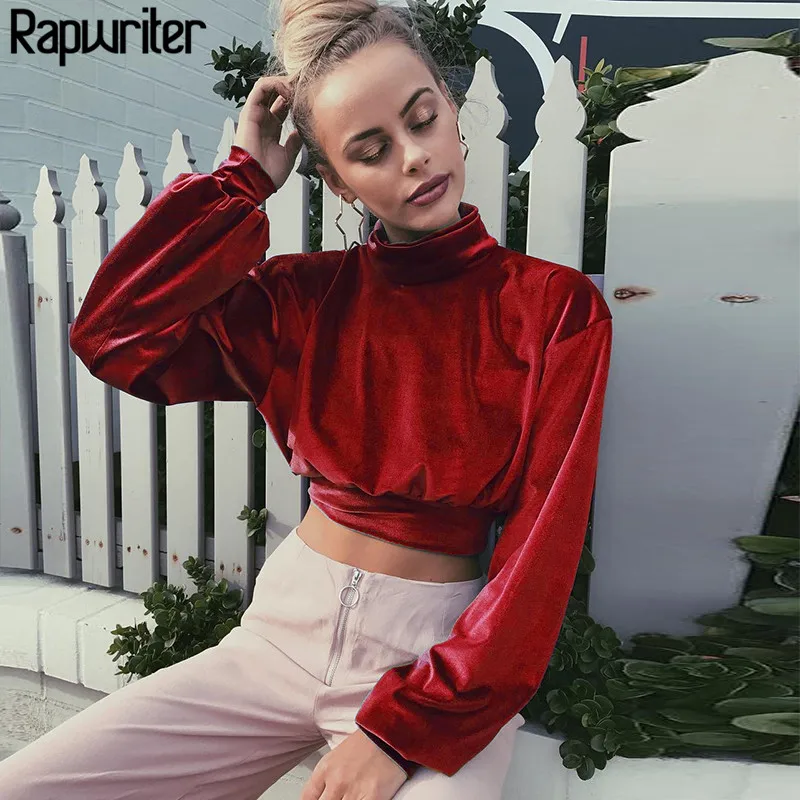 Женский бархатный укороченный свитер Rapwriter однотонный топ с высоким воротом и