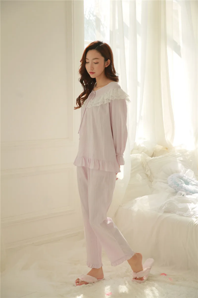 Новые Симпатичные осень Для женщин Royal Модальные пижамы набор леди Pyjimas полые кружева пижамы Ретро Стиль QW1873