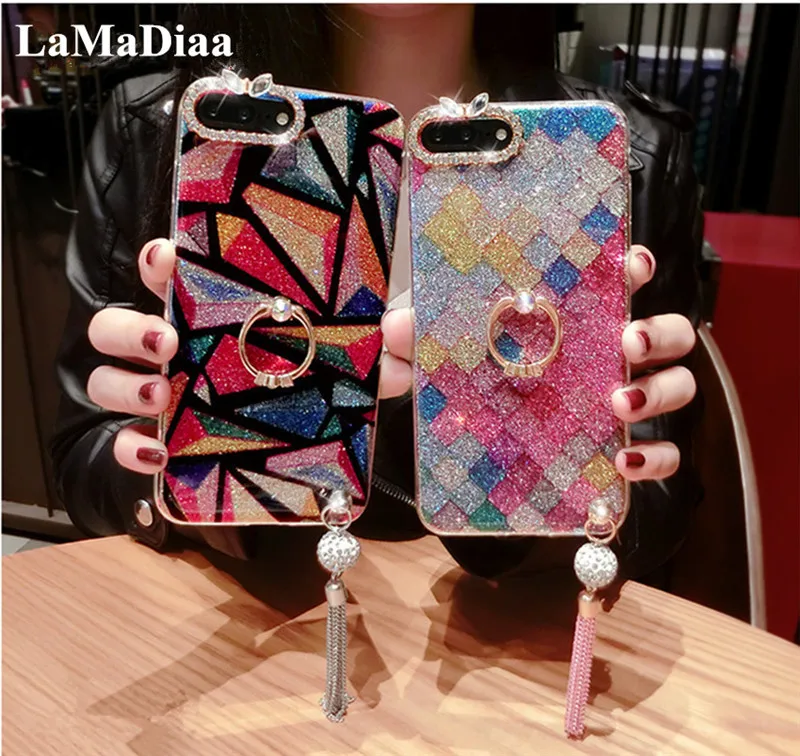 

LaMaDiaa For iphone 11 Pro MAX 6 6S 7 8 Plus X XS MAX XR Luxury Diamond Crystal Shine Pendant Ring Stand Soft Phone Case Cover