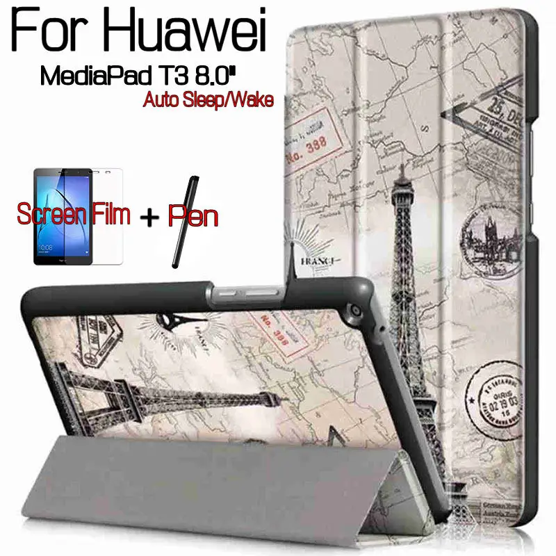 

Colorful Magnetic Stand Flip PU Leather Cover Case for Huawei MediaPad T3 8.0" Honor Play Pad 2 Tablet+Free Screen Protector+Pen