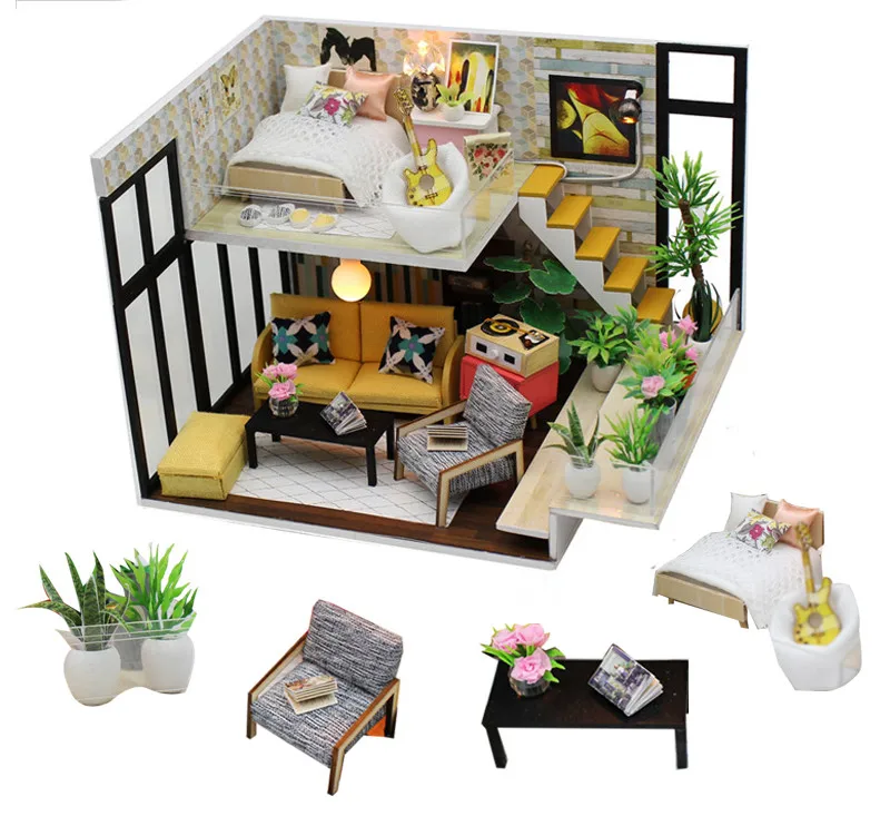 

diy doll house furniture LED light wooden miniature dollhouse kit accessories oyuncak bebek evi evler toys for children M031