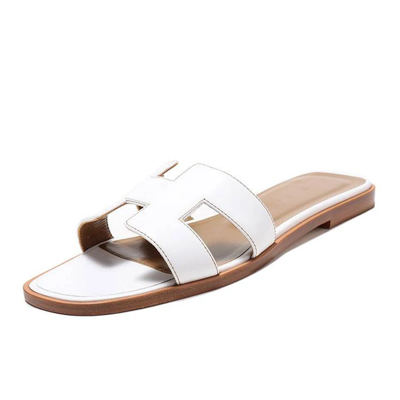 

H Brand AAA+ Top Quality Real Leather 2018 Fashion Brand Discounted Women Shoes Dermis Leather Ladies' Sandals Letters Slippers
