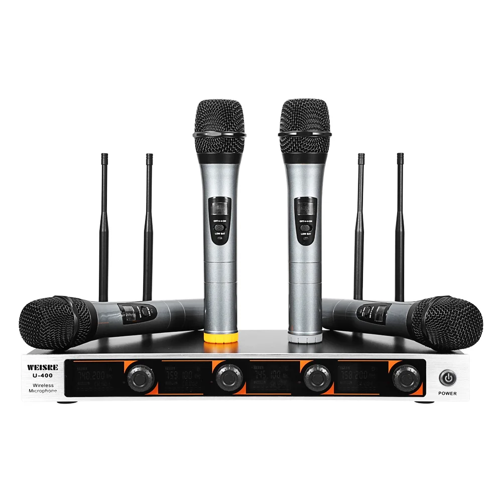 WEISRE U-400 профессиональный микрофон 220-270 мГц УКВ Беспроводной микрофон ручной 4-канальный передатчик Mic комплект для караоке