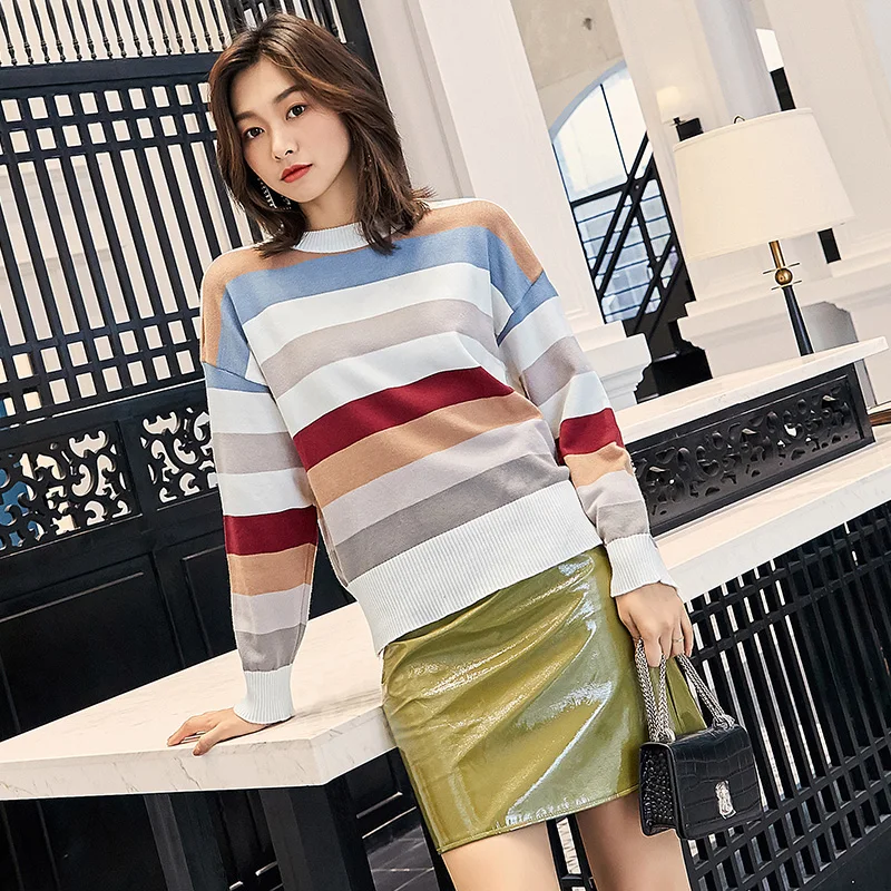 Women Colorful Striped Casual Sweater Winter Fashion  Long-sleeve Sweater Warm Pullovers Female Winter knit Sweaters CGM18198
