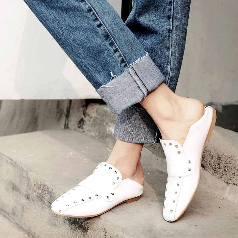 

British Style Rivet Square Toe Women Loafers Leather Shoes Comfortable Female Flat Shoes Moccasins White