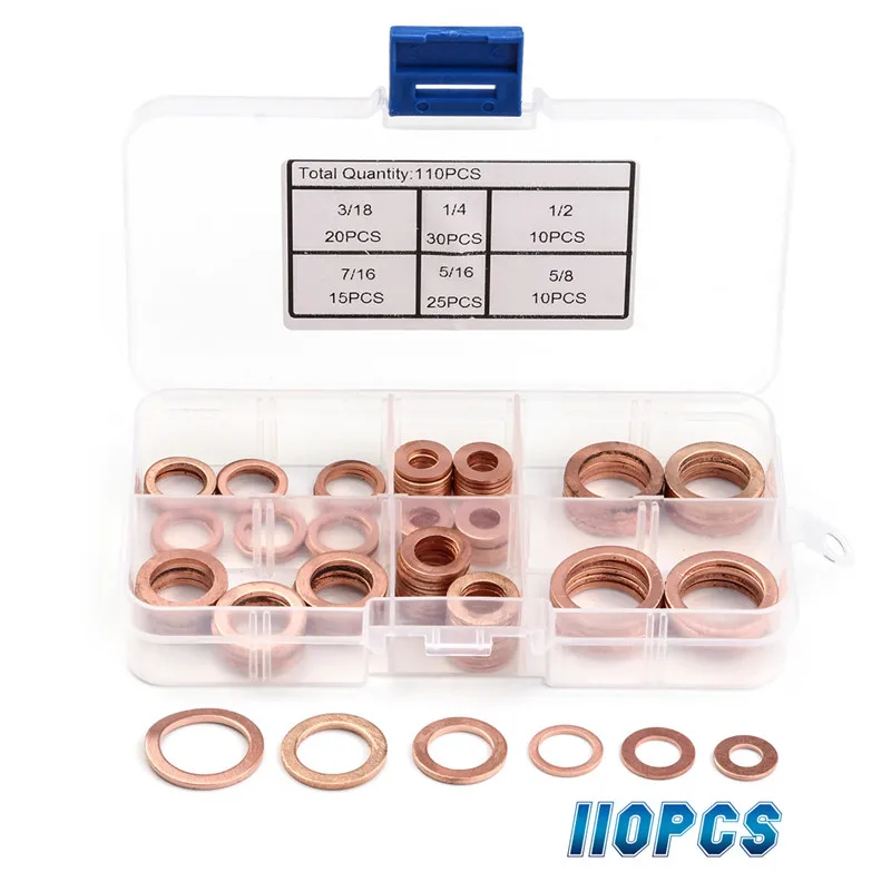 

110pcs/Kit Copper Crush Washers 6 Sizes Assorted Seal Flat Ring Washer Set Professional Hardware Accessories Set