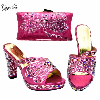 

Beautiful fuchsia with colorful stones heel shoes and evening bag set for wedding/party 333-4, heel height 11cm