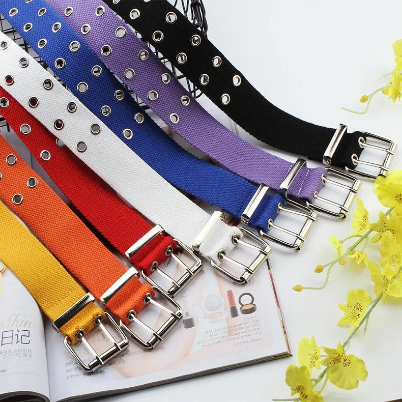 

2019 New Designer Harajuku Wide Canvas Web Double Grommet Hole Buckle Belt Female Male Waist Strap Belts For Women Men Jeans
