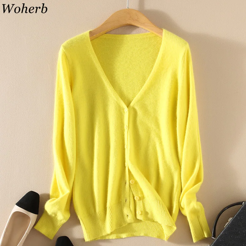 

Woherb 2019 Plus Size Cashmere Sweater Women Knitted Cardigan New Modis Korean V-neck Cardigans Jumper Pull Femme 15 Colors