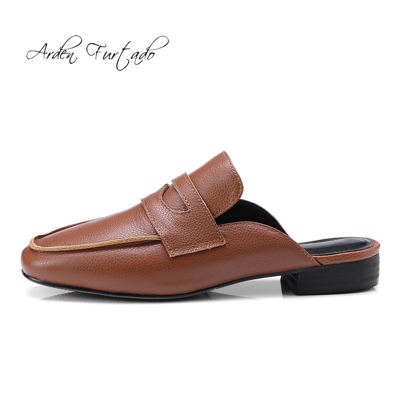 

Arden Furtado 2018 spring summer fashion flats mules slip on genuine leather slippers white brown casual slides shoes women's