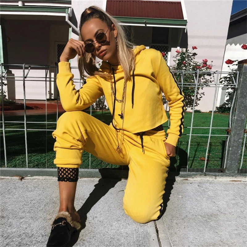 2018 otoño moda 2 piezas conjunto mujer amarillo Crop Top y pantalones traje Sexy Hoodies Pantalones rayas Casual 2 piezas conjunto chándal| Conjuntos de mujer| - AliExpress