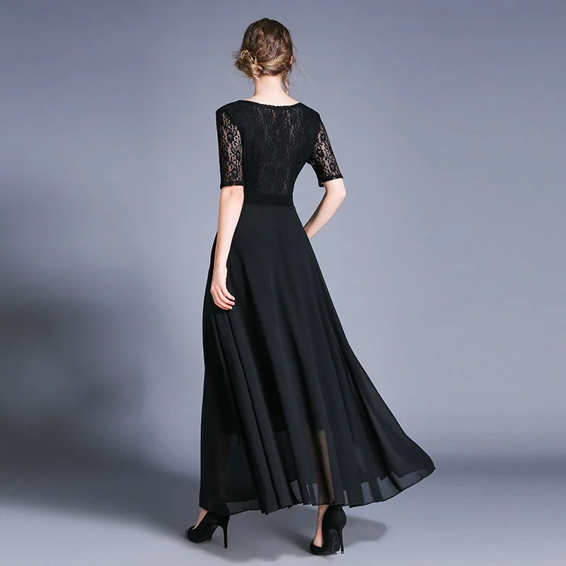 S-XXL Весна Лето Женское платье средней длины черный кружевной топ длиной до щиколотки платье с поясом модное винтажное длинное черное платье Макси