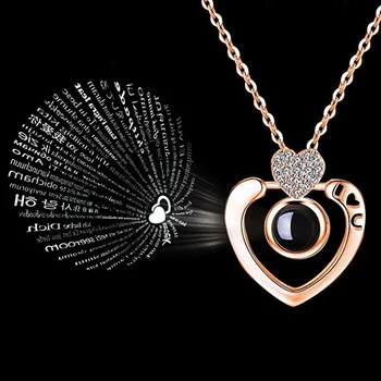 

Romastic Necklace Heart Charms Rose Gold 100 Languages I love you Projection Pendant Necklace For Women Men Wedding Gift
