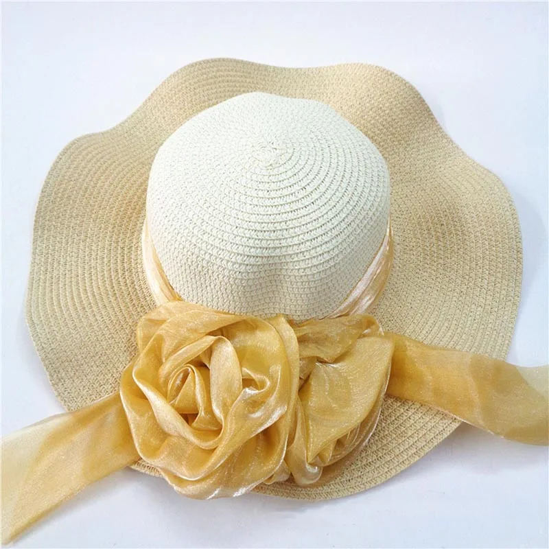 Fashion Straw Hat Flower Ribbon Summer Beach Wide Brim Fisherman Sunscreen Folding Hand Made Casual Wave Girls Hats CP0238 (3)