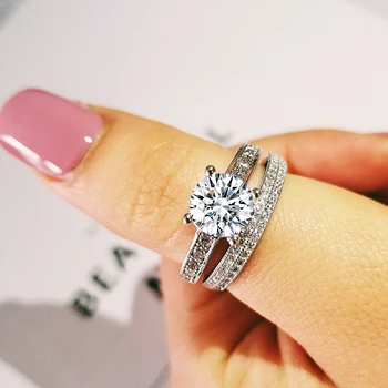 

2020 new luxury halo 925 sterling silver wedding ring set for women lady anniversary gift jewelry wholesale christmas R5115S