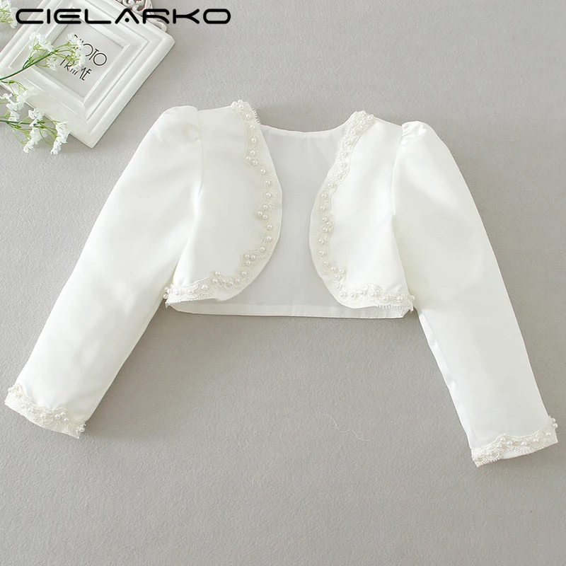 Cielarko Girls White Bolero Elegant Lace Beading Coat for Wedding Party Fashion Short Jacket