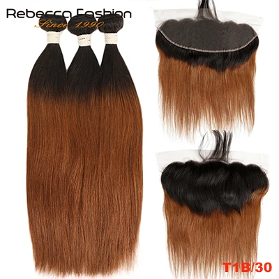 Rebecca Ombre пряди с фронтальной два тона 1B/99J 1B/27 1B/30 бразильские прямые волосы 3 4 пряди с фронтальной застежкой - Цвет: T1B/30