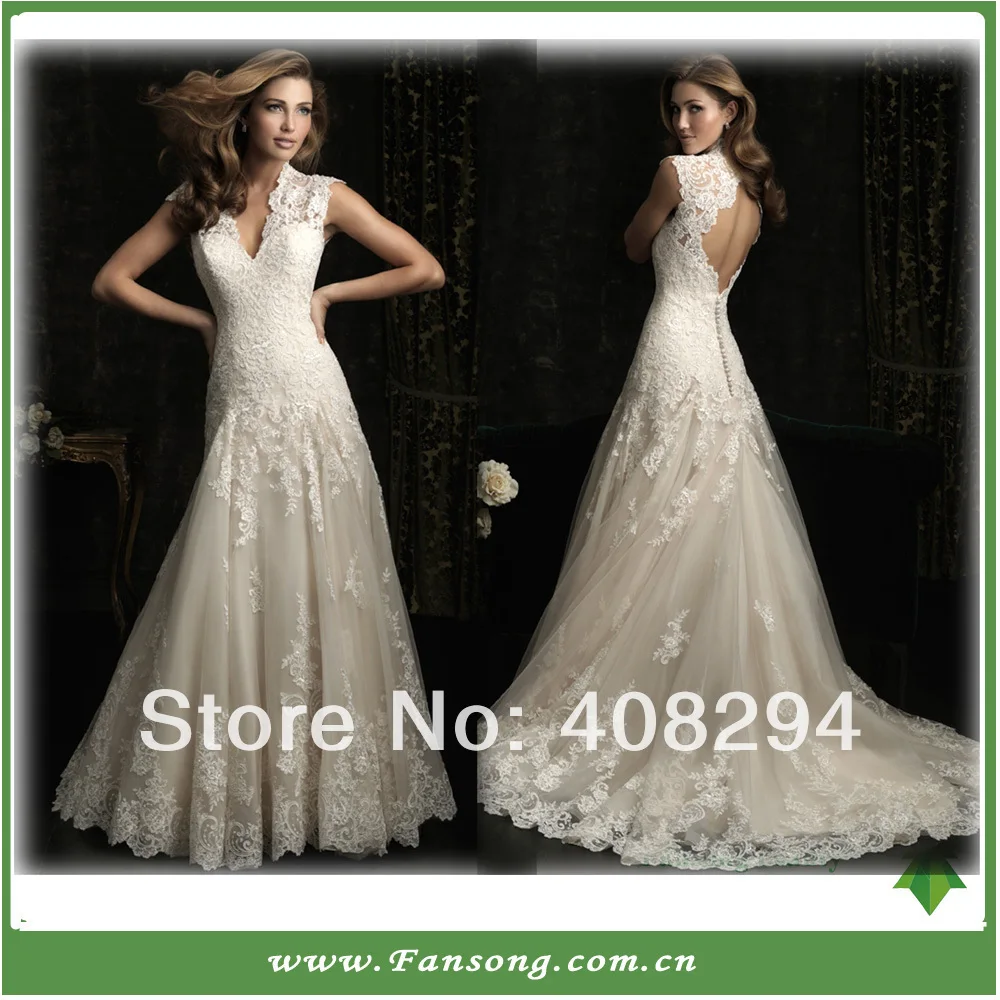 FS-20140085 Floor-longth Beige Tulle Skirt With Flora Appliqued Hemline Lace and Applique Bodice Back See Wedding Dress | Свадьбы и