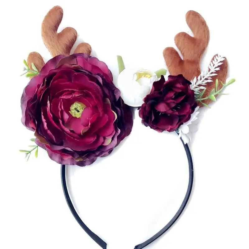 Children's Christmas Headband Deer Antlers Artificial Flower Ears Headband Xmas Festival Party Supplies Cosplay Hair Accessories
