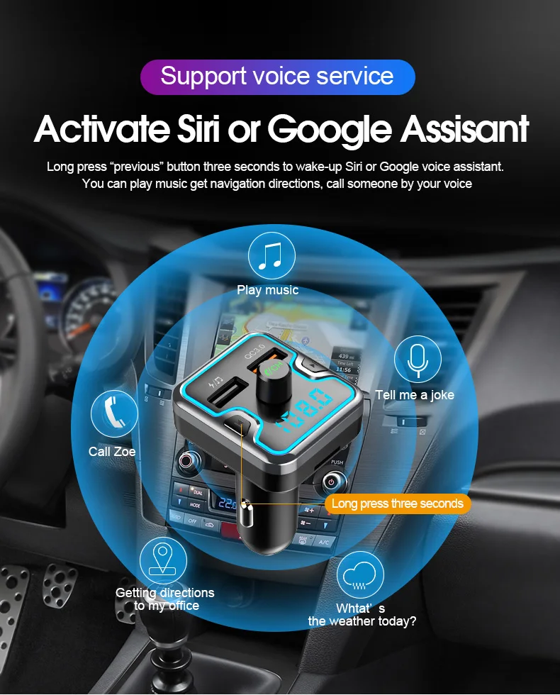 AGETUNR T45 QC3.0 Quick Dual USB Car Charger for iPhone Mobile Phone Handsfree FM Transmitter Bluetooth Car Kit MP3 Player