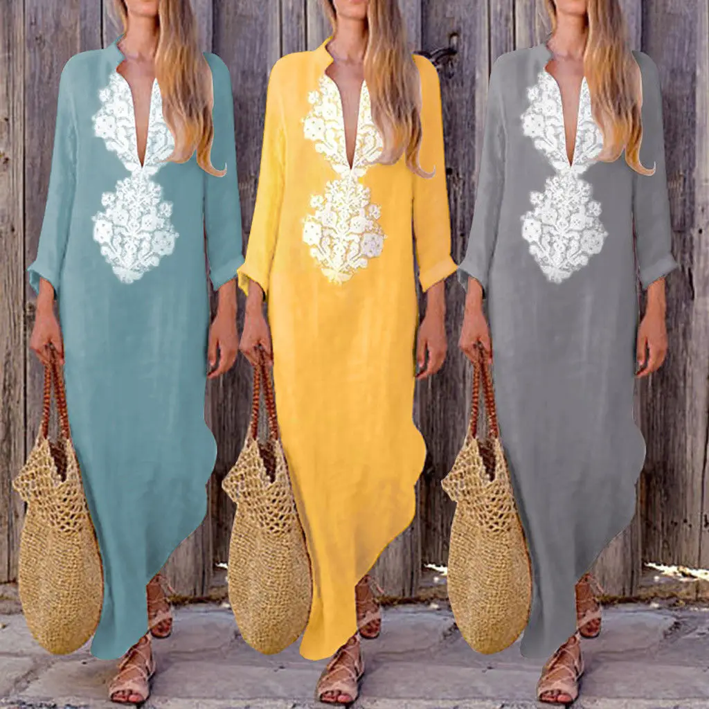 

Women Vintage Style Linen Long Sleeve Dress Summer Beach Evening Party Floral Sundress Size S-XL Three Colors