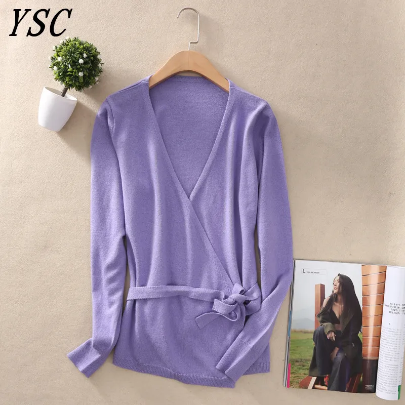 YUNSHUCLOSET Весна горячая распродажа женский кашемировый шерстяной кардиган v-образный вырез сплошной цвет короткий стиль кардиганы - Цвет: Лаванда