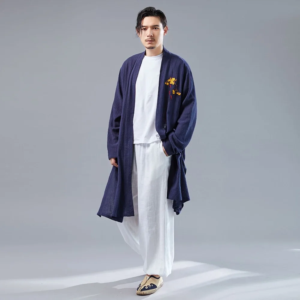 LZJN 2019 Casual Long Sleeve Shirt Summer Men's Vintage Embroidery Kimono Cardigan Cotton Linen Cloak Poncho Open Front Coat (18)